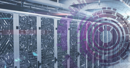 Image of loading circles over circuit board pattern on server racks in server room. Digital...