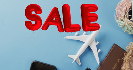 Image of sale text over travel equipment and plane. Social media and travel concept, digitally...