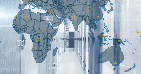 Image of circuit board pattern and map over server room in background. Digital composite, multiple...