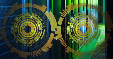 Image of two round scanners spinning against computer server room. Computer interface and business...