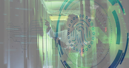 Image of fingerprint scanner over asian male engineer using tablet working at server room. Cyber...