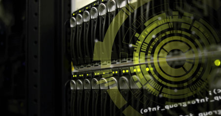 Image of spinning round scanner and data processing against close up of a computer server. Computer...