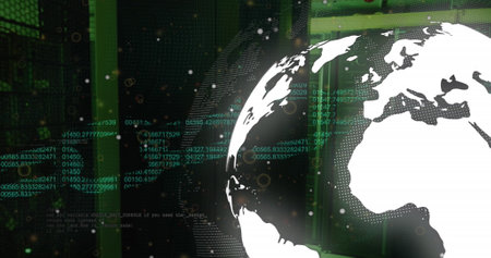 Image of security chain icon over spinning globe and data processing against server room. Cyber...