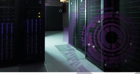 Image of purple round scanner spinning against computer server room. Computer interface and business...