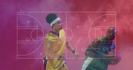 Image of game tactic diagram over african american male basketball opponent players with ball....