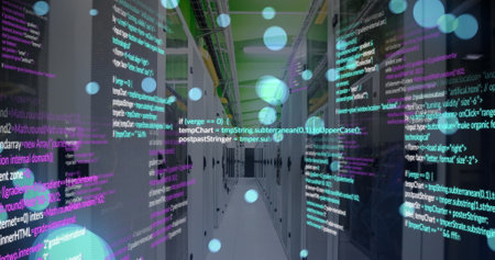Image of falling lens flares and computer language over server room. Digital composite, multiple...