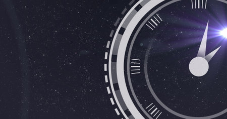 Image of clock moving over stars on black background. time passing by, space and connections concept...