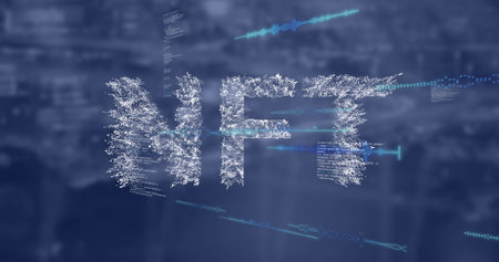 Image of data processing and nft text over blurred background. global business and digital interface...