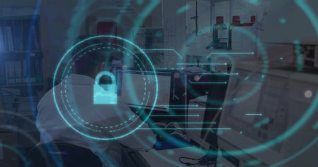 Image of online security padlock and scope over caucasian male doctors. global medicine, healthcare services, connections and data processing concept digitally generated image.の写真素材