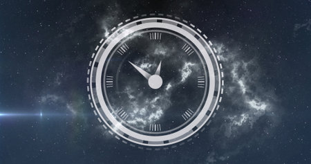 Image of clock moving over stars on black background. time passing by, space and connections concept digitally image.の写真素材