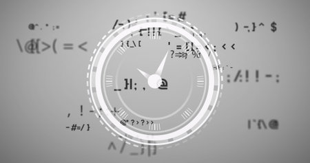 Image of clock moving over math formulas over grey background. time passing by and science concept...