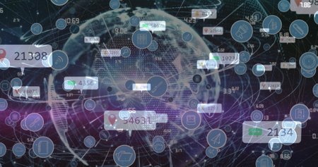 Image of technology icons and social media reactions moving on black background with globe. global...