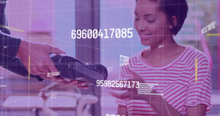 Image of data processing over diverse people paying with credit card. global finances, computing and digital interface concept digitally generated image.の写真素材