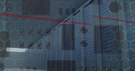 Microprocessor connections against empty computer server room. Cyber security and business data...