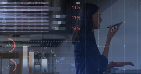 Image of financial data processing over diverse group of business people. Global sports digital...