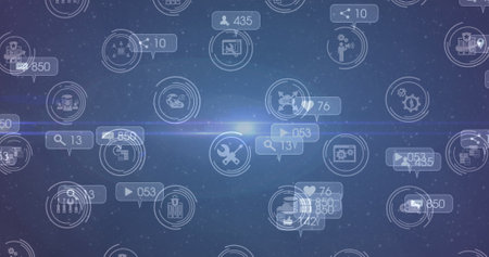 Image of technology icons and social media reactions moving on blue background. global connections, social media, technology and digital interface concept digitally generated image.の写真素材