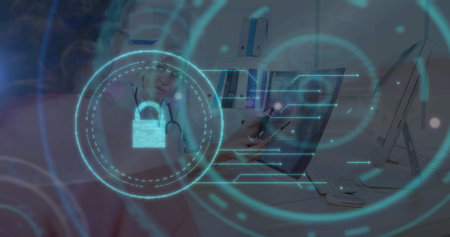 Image of online security padlock and scope over caucasian female doctor. global medicine, healthcare services, connections and data processing concept digitally generated image.の写真素材