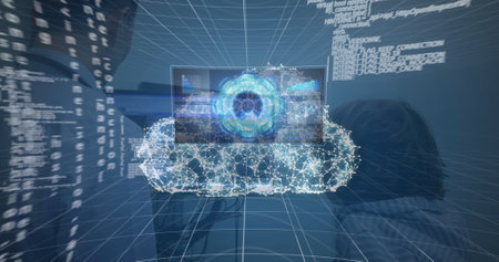 Image of digital cloud over caucasian male doctor and boy. global cloud computing, medicine, healthcare services, connections and data processing concept digitally generated image.の写真素材