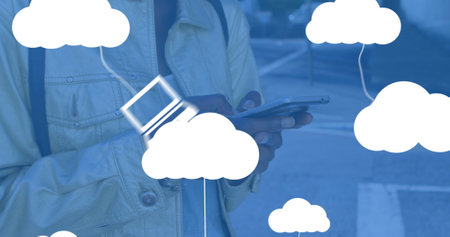 Image of digital clouds with icons over woman using smartphone. global networks, connections, data...