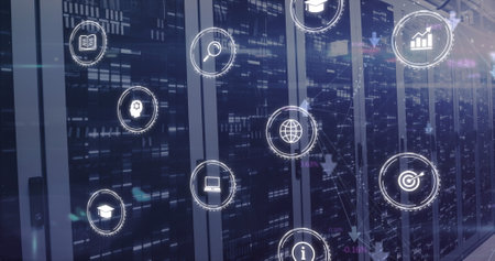 Image of interface with multiple digital icons and mosaic squares against computer server room....