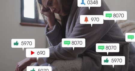 Image of social media text and icons over caucasian woman stressed at home. Global social media,...
