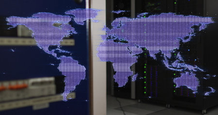 Distorting purple digital world map over computer server room. Global communication network, data and digital interface technology, digitally generated image.の写真素材