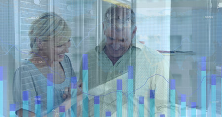 Image of statistics and financial data processing over delivery man and warehouse. Global sport data...
