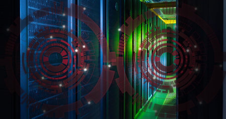 Image of two round scanners spinning against computer server room. Computer interface and business...