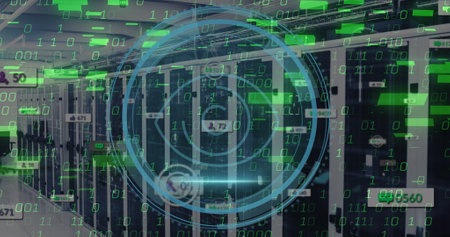 Image of retina eye scanner, binary coding and social media icons against computer server room....