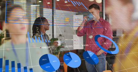 Image of multiple graphs, changing numbers over diverse coworkers discussing while drinking tea. Digital composite, multiple exposure, report, growth, beverage and business concept.の写真素材