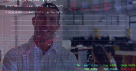 Image of financial data processing over caucasian businessman in office. Global business, finances,...