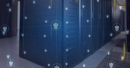 Image of ai chatbot icons and glowing data streams over computer server room. Ai, connection, data,...