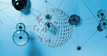 Image of globe of binary coding and connecting dots against blue gradient background. Global...