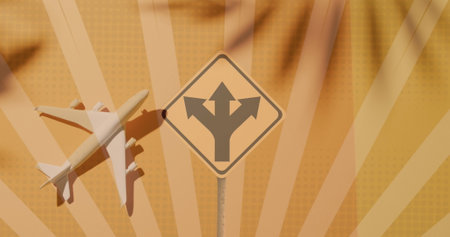 Image of road sign with arrows and lines over plane. Social media and travel concept, digitally...