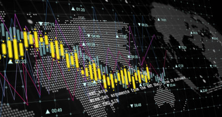 Image of financial data processing over world map. Global business, finances, computing and data...