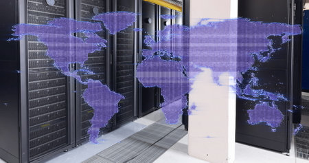 Distorting purple digital world map over computer server room. Global communication network, data and digital interface technology, digitally generated image.の写真素材