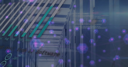 Image of globe and charts processing data over server room. Connection, data, global communication...