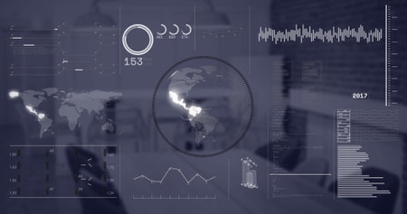Image of interface with spinning globe and data processing over empty conference room at office. Computer interface and business data technology conceptの写真素材