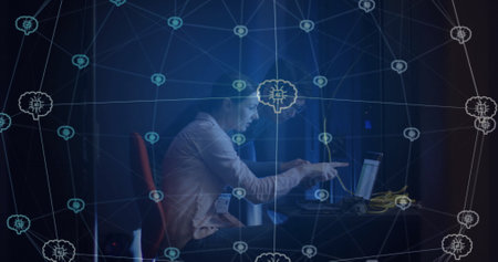 Image of ai brains over caucasian female technician working with computer in server room. Ai,...