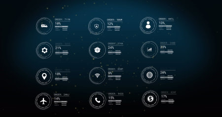 Image of icons with data processing over light spots on black background. Global delivery, shipping...
