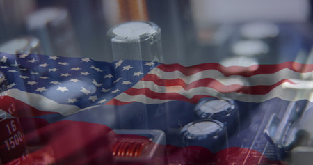 Image of server and data processing over flag of russia and united states of america. Global computing, digital interface and data processing concept digitally generated image.の写真素材