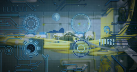 Image of data processing over computer wires. image of data processing over caucasian woman checking computer wires.の写真素材