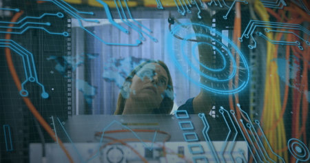 Image of data processing over caucasian woman checking computer wires. image of data processing over...