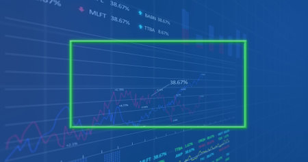 Image of neon frame over data processing on blue background. global technology, computing and...