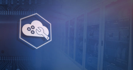 Image of icons and lights over servers on blue background. global network, data processing and...