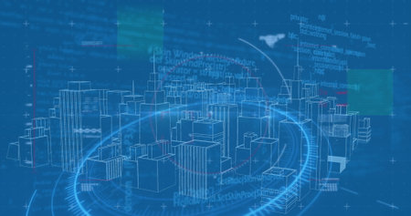 Image of digital city over scope scanning and data processing on blue background. global technology,...