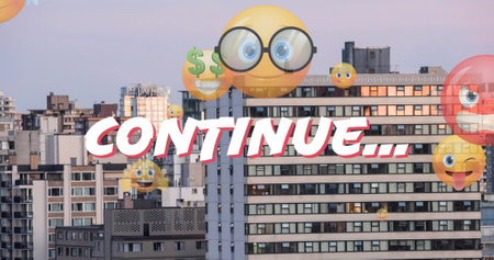 Image of continue and emoji icons over cityscape. image game, social media, communication and...