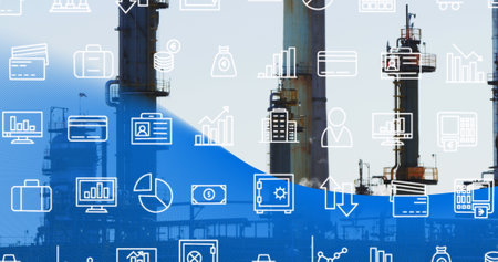 Image of falling icons over refinery. Global business, finances, data processing and digital interface concept digitally generated image.の写真素材