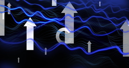 Image of shapes moving over arrows. Abstract background and digital interface concept digitally generated image.の写真素材