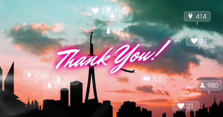 Image of thank you and social media reactions over cityscape. image game, social media, communication and entertainment concept digitally generated image.の写真素材